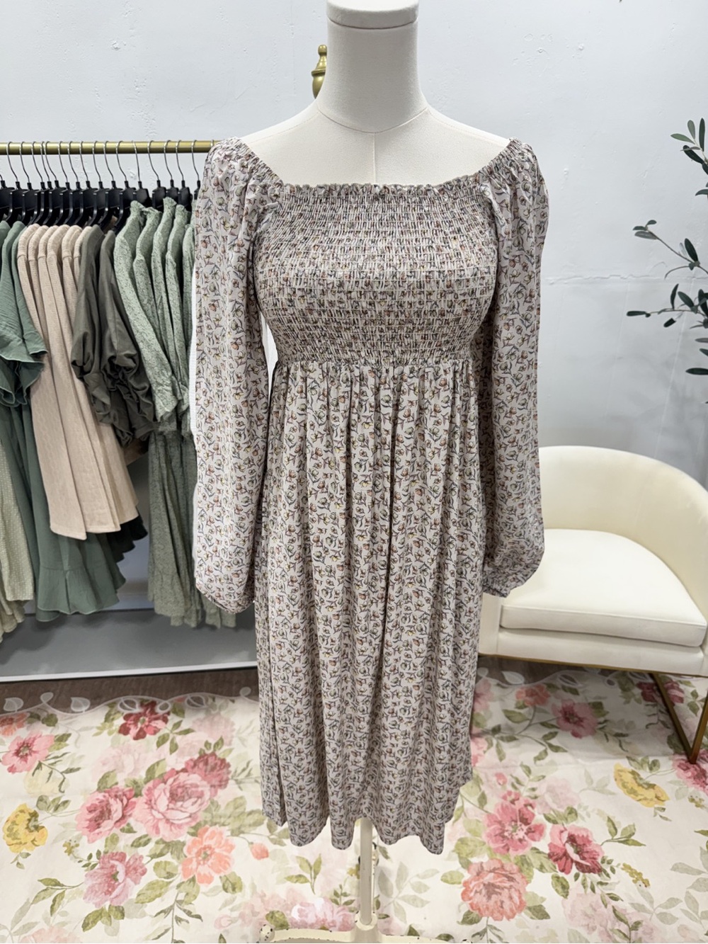 Floral Smocked Midi Dress Long Sleeve Cottagecore Prairie Dress Size | NWT